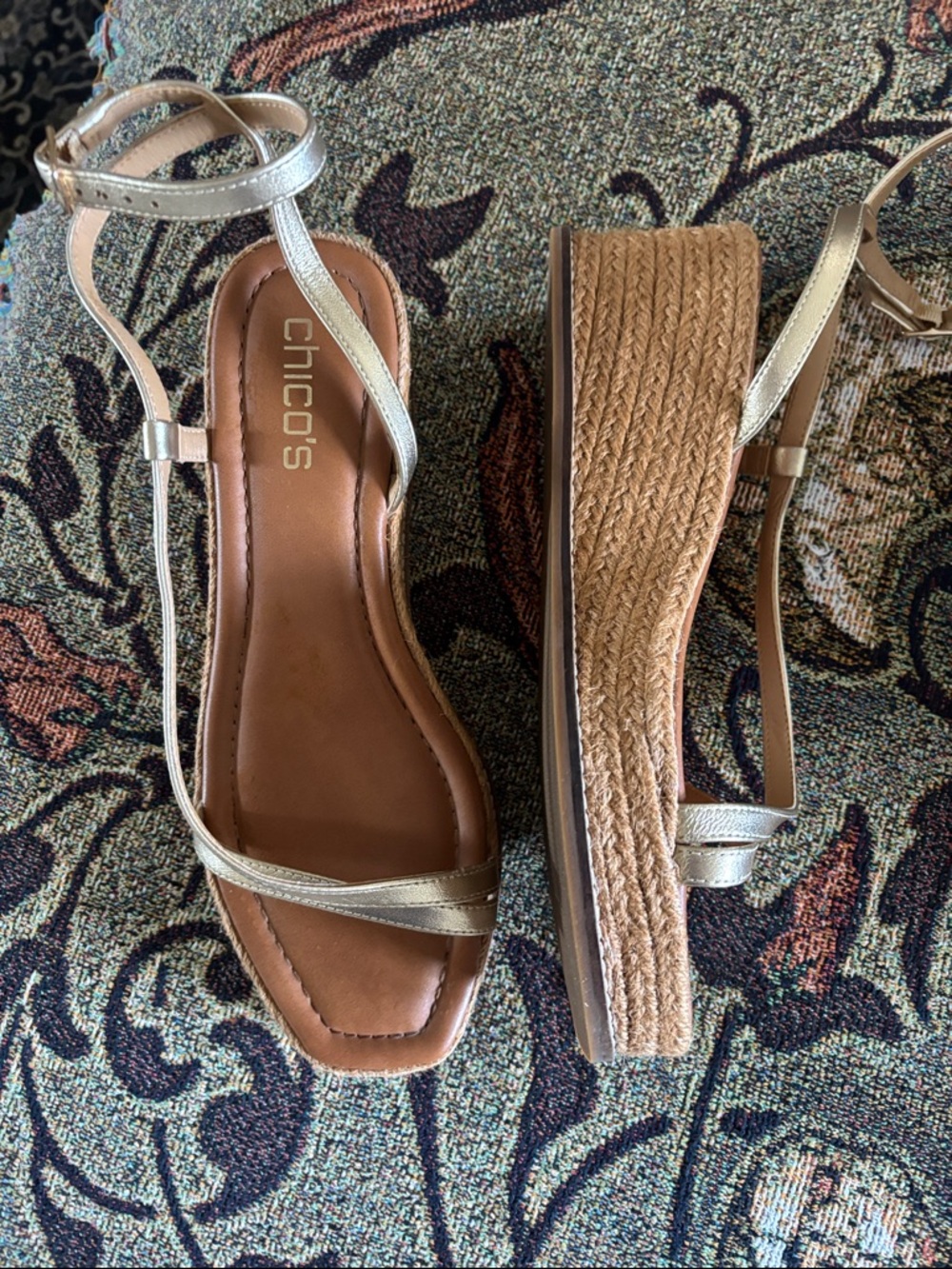 Chico's Metallic Champagne Espadrille Wedge Sandals